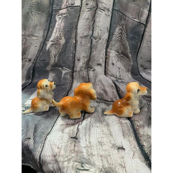 Vintage Set of 3 Ceramic Puppy Dogs Golden Brown Playful Big Eyes Sitting Stand - Picture 2 of 5